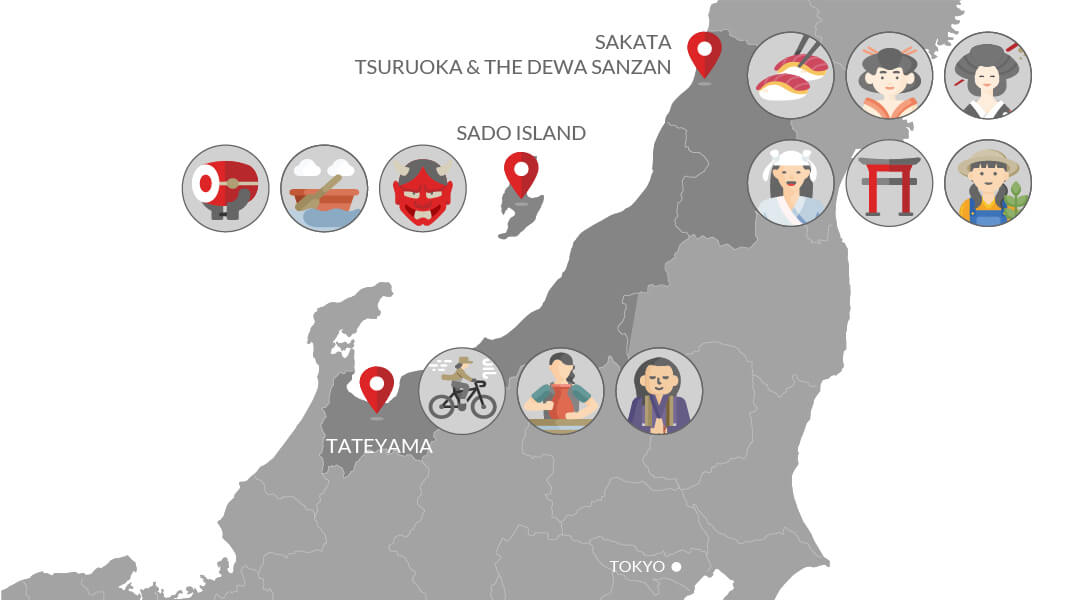 Illustrated map of the location of Tateyama, Sado Island, Tsuruoka and Sakata on the map of Japan